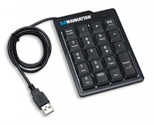 Manhattan Numeric Keypad, Wired, USB-A, 18 Full Size Keys, Black, Membrane Key Switches, Windows and Mac, Three Year Warranty, Blister